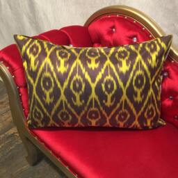 Handwoven Ikat Velvet Pillow Cover Gold Brown Silk Floral Cushion - thumbnail 2