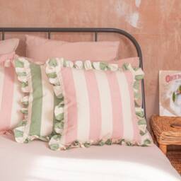 Handmade Ruffled Cushion Cover Sage Green Stripe Ian Mankin Cotton - thumbnail 2