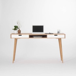 Heim - Modern Oak Desk With White Drawers & Storage, Mid Century Modern - thumbnail 3