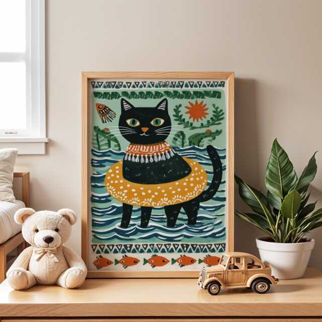 Swimming Cat Nursery Poster - Wall Art For Kids Room Baby Print Kitten Animal Playroom Decor Illustration Gift - image 1