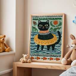Swimming Cat Nursery Poster - Wall Art For Kids Room Baby Print Kitten Animal Playroom Decor Illustration Gift - thumbnail 3