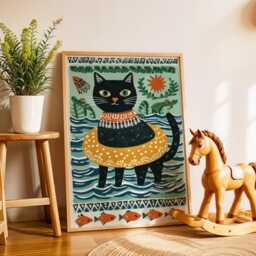 Swimming Cat Nursery Poster - Wall Art For Kids Room Baby Print Kitten Animal Playroom Decor Illustration Gift - thumbnail 2