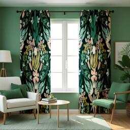 Teal Green Tropical Botanical Curtains, Lush Jungle Leaf & Floral Print Drapes, Vibrant Nature Inspired Window Panels