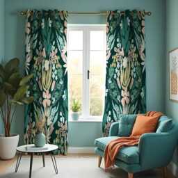 Teal Green Tropical Botanical Curtains, Lush Jungle Leaf & Floral Print Drapes, Vibrant Nature Inspired Window Panels - thumbnail 2