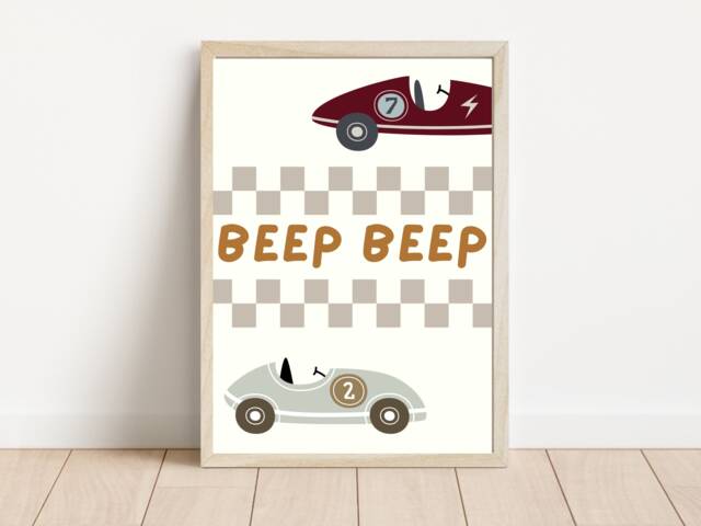 Beep Beep Checkered Race Car Print. Perfect Wall Art For A Nursery, Bedroom Or Playroom - Print Only - image 1