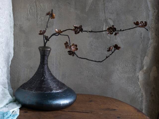 Metal Sculpture Sakura Japanese Cherry Blossom With A Vase, Made From Iron & Copper By The Steel Style Things - image 1