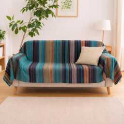 Turquoise Throw Blanket - Recycled Cotton Durable Sofa Cover Boho Bedspread Portuguese Woven Sustainable Modern Traditional Home Decor