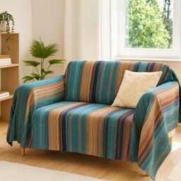 Turquoise Throw Blanket - Recycled Cotton Durable Sofa Cover Boho Bedspread Portuguese Woven Sustainable Modern Traditional Home Decor - thumbnail 2