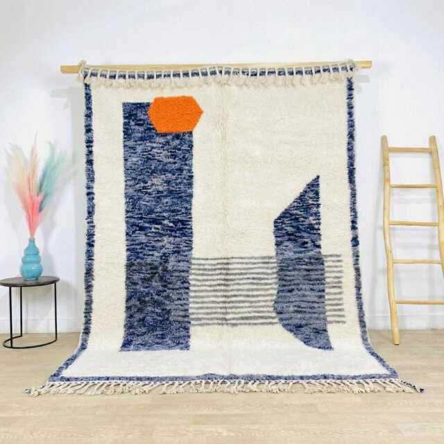 Moroccan White & Blue Berber Rug, Handwoven Wool Shag Abstract Geometric Shapes, Authentic Beni Ourain Carpet, Large 9x12 Area Rug - image 1