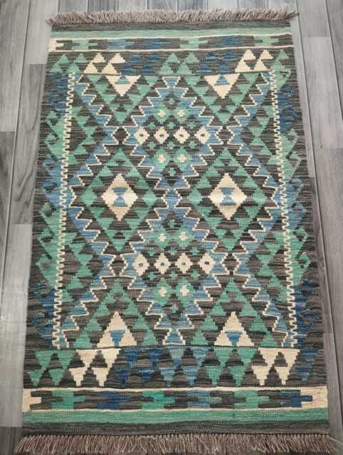 Kilim Rug Turquoise, Handmade Artisan Afghan Turkish Persian Qashqai Kilim, Moroccan Navajo Bohemian Natural Wool Flatweave 123x80 cm - image 1
