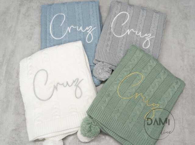 Personalised Cable Knit Baby Blanket With Pom-Poms - image 1