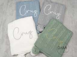Personalised Cable Knit Baby Blanket With Pom-Poms - thumbnail 1
