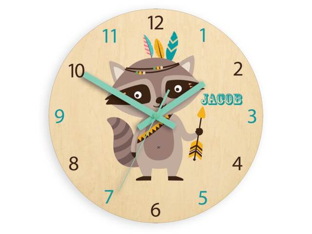 Kids Wall Clock - Raccoon With Personalizen Name, Wood Clock, Large Clock Childrens Room Wall Art Woodland - image 1