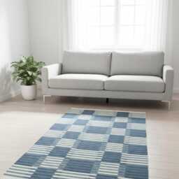 Handwoven Wool Kilim Runner Rug - Blue White Geometric Nordic Flatweave Mat - thumbnail 4