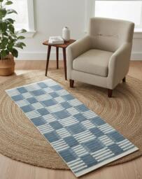 Handwoven Wool Kilim Runner Rug - Blue White Geometric Nordic Flatweave Mat - thumbnail 1