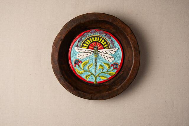 Dragonfly Ceramic Wall Art - Handmade Tile Mosaic in Wood Dough Bowl - Made To Order - image 1