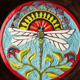 Dragonfly Ceramic Wall Art - Handmade Tile Mosaic in Wood Dough Bowl - Made To Order - thumbnail 3