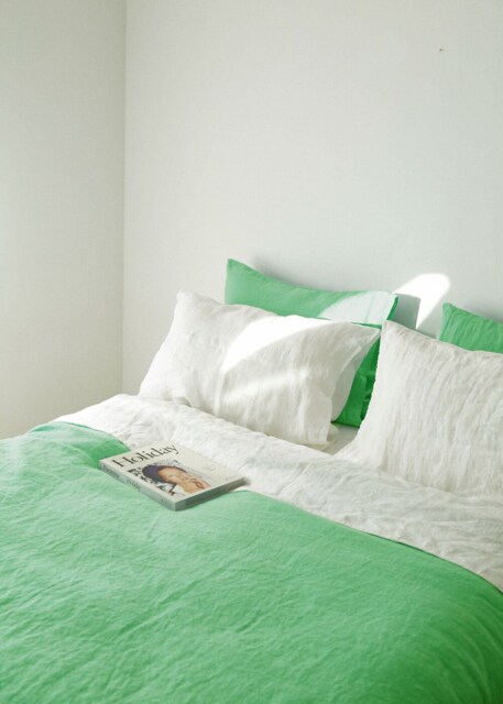 Two Sided Linen Duvet Cover & Pillowcases, Mint Green Contrast White Bedding Set, Custom Color Reversible Duvet Cover, Queen King Twin - image 1