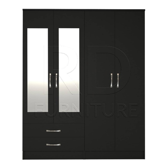 Black Wardrobe, Large Wardrobe Ready Assembled Classic 4 Door 2 Drawer Mirrored - image 1