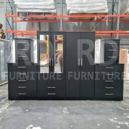 Black Wardrobe, Large Wardrobe Ready Assembled Classic 4 Door 2 Drawer Mirrored - thumbnail 2