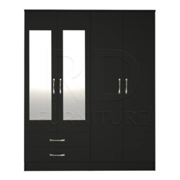 Black Wardrobe, Large Wardrobe Ready Assembled Classic 4 Door 2 Drawer Mirrored - thumbnail 1