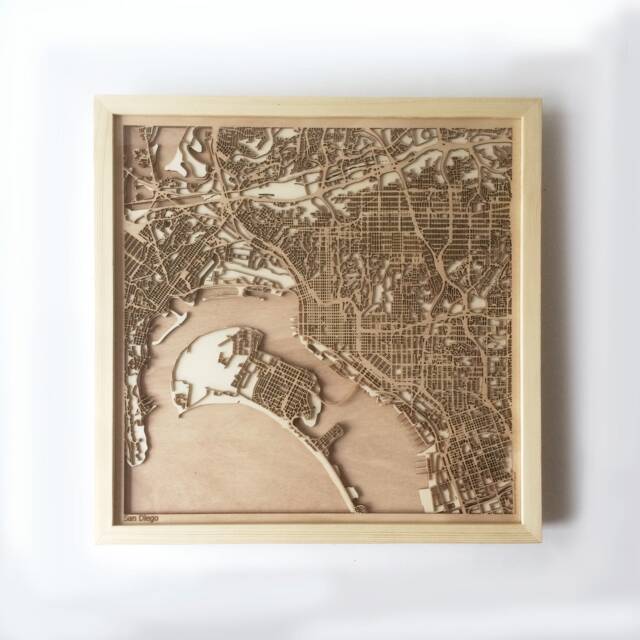 San Diego Wood Map - Laser Cut City Streets, 3D Framed Wall Art - image 1