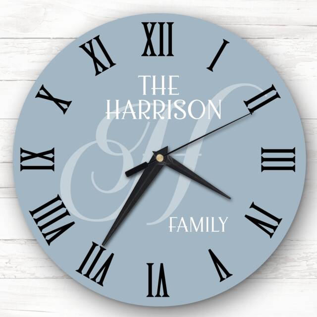 Dusky Blue Family Name Initial Personalised Gift Clock - image 1