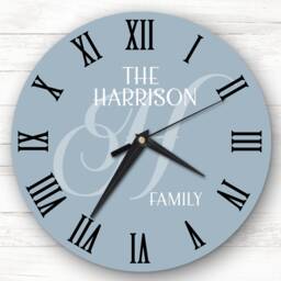 Dusky Blue Family Name Initial Personalised Gift Clock - thumbnail 1