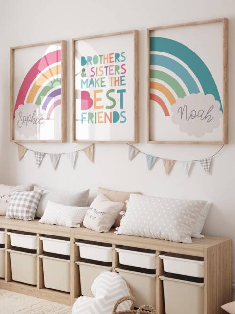 Set Of 3 Playroom Prints, Brother & Sister Rainbow Wall Art, Colourful, Siblings Prints - image 1