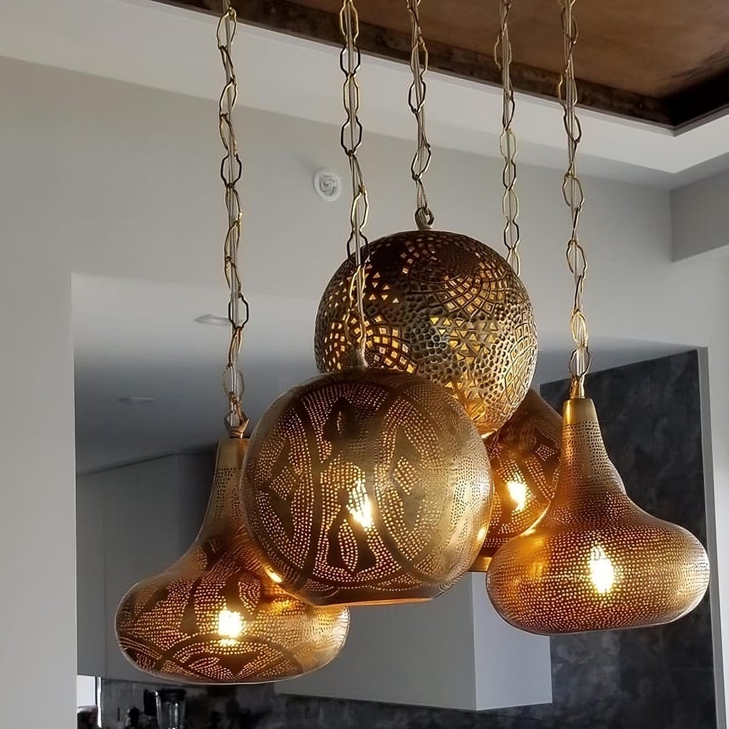 Set Of Moroccan Pendant Lights Oxidized Gold Boho Chandelier by