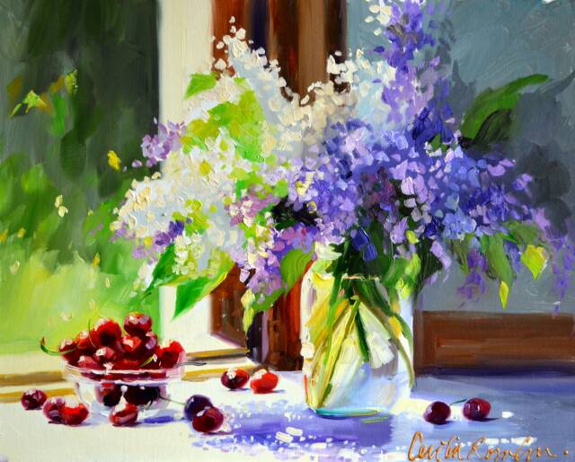 Lilacs & Cherries Art Print - Flower & Fruit Still Life By Cecilia Rosslee - image 1