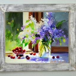 Lilacs & Cherries Art Print - Flower & Fruit Still Life By Cecilia Rosslee - thumbnail 2