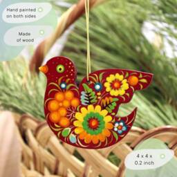 Red Bird Christmas Ornaments Wooden Traditional Hand Painted Bird Tree Decorations With Ukrainian Artisan Petrykivka Painting - thumbnail 3