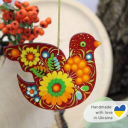 Red Bird Christmas Ornaments Wooden Traditional Hand Painted Bird Tree Decorations With Ukrainian Artisan Petrykivka Painting - thumbnail 2