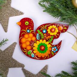 Red Bird Christmas Ornaments Wooden Traditional Hand Painted Bird Tree Decorations With Ukrainian Artisan Petrykivka Painting - thumbnail 1