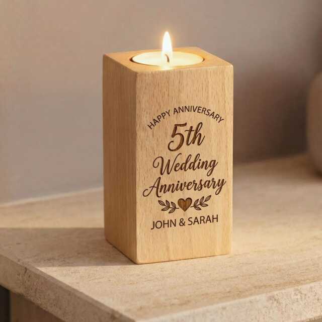 Custom Names For Fifth Wedding Anniversary Gift - Wooden Tealight Candle - image 1