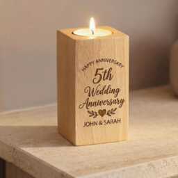 Custom Names For Fifth Wedding Anniversary Gift - Wooden Tealight Candle - thumbnail 1