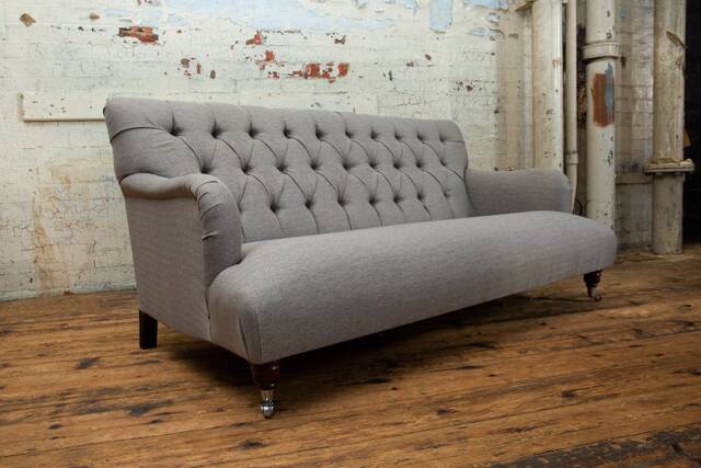 Handmade 3 Seater - Warm Grey Herringbone Wool Fabric Chesterfield Sofa - image 1