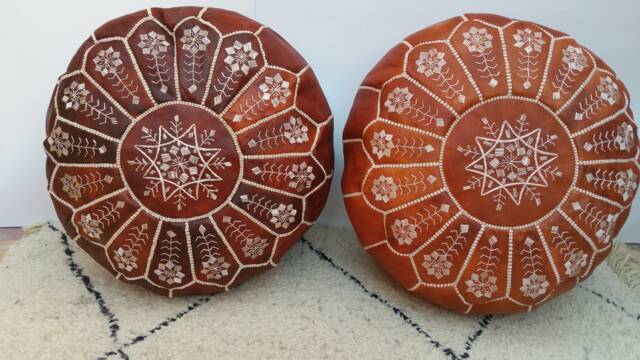 Set Of Two Tan Leather Pouf, Sttuning Moroccan Pouf, Moroccan Ottoman Pouf Foostool Poufmoroccan Leatherpouf - image 1