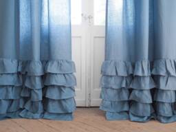 Blue Linen Ruffled Curtain Panel, Stonewashed Medium