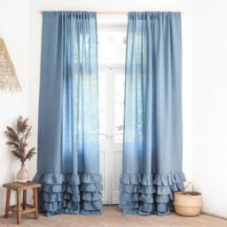 Blue Linen Ruffled Curtain Panel, Stonewashed Medium - thumbnail 3