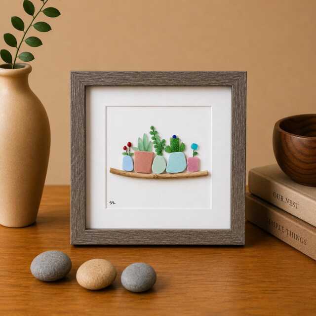 Sea Glass Plant Mosaic, Framed Beach Pottery Art, Handmade Wall Decor - image 1