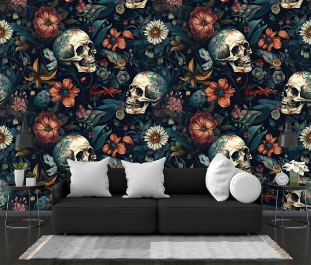 Skulls & Flowers Gothic Wallpaper Mural, Peel & Stick Wall Art - image 1