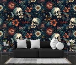 Skulls & Flowers Gothic Wallpaper Mural, Peel & Stick Wall Art - thumbnail 1