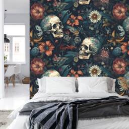 Skulls & Flowers Gothic Wallpaper Mural, Peel & Stick Wall Art - thumbnail 2