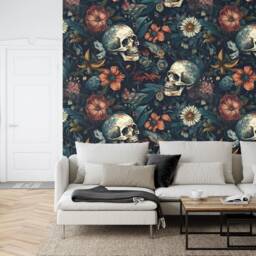 Skulls & Flowers Gothic Wallpaper Mural, Peel & Stick Wall Art - thumbnail 3