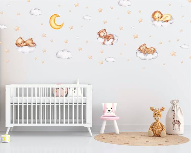 Watercolor Safari Nursery Wall Decals Jungle Animals, Clouds & Stars - image 1