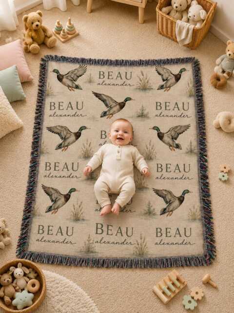 Personalized Mallard Duck Woven Blanket, Baby Boy Cute Nursery Decor, Animal Theme Gift - image 1