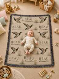 Personalized Mallard Duck Woven Blanket, Baby Boy Cute Nursery Decor, Animal Theme Gift - thumbnail 1