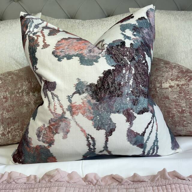Embroidered Floral Cushion Cover, John Lewis Fabric Pillow, Plum Mauve Teal Decor, Handmade Throw Pillow Uk, Botanical Sofa Cover - image 1